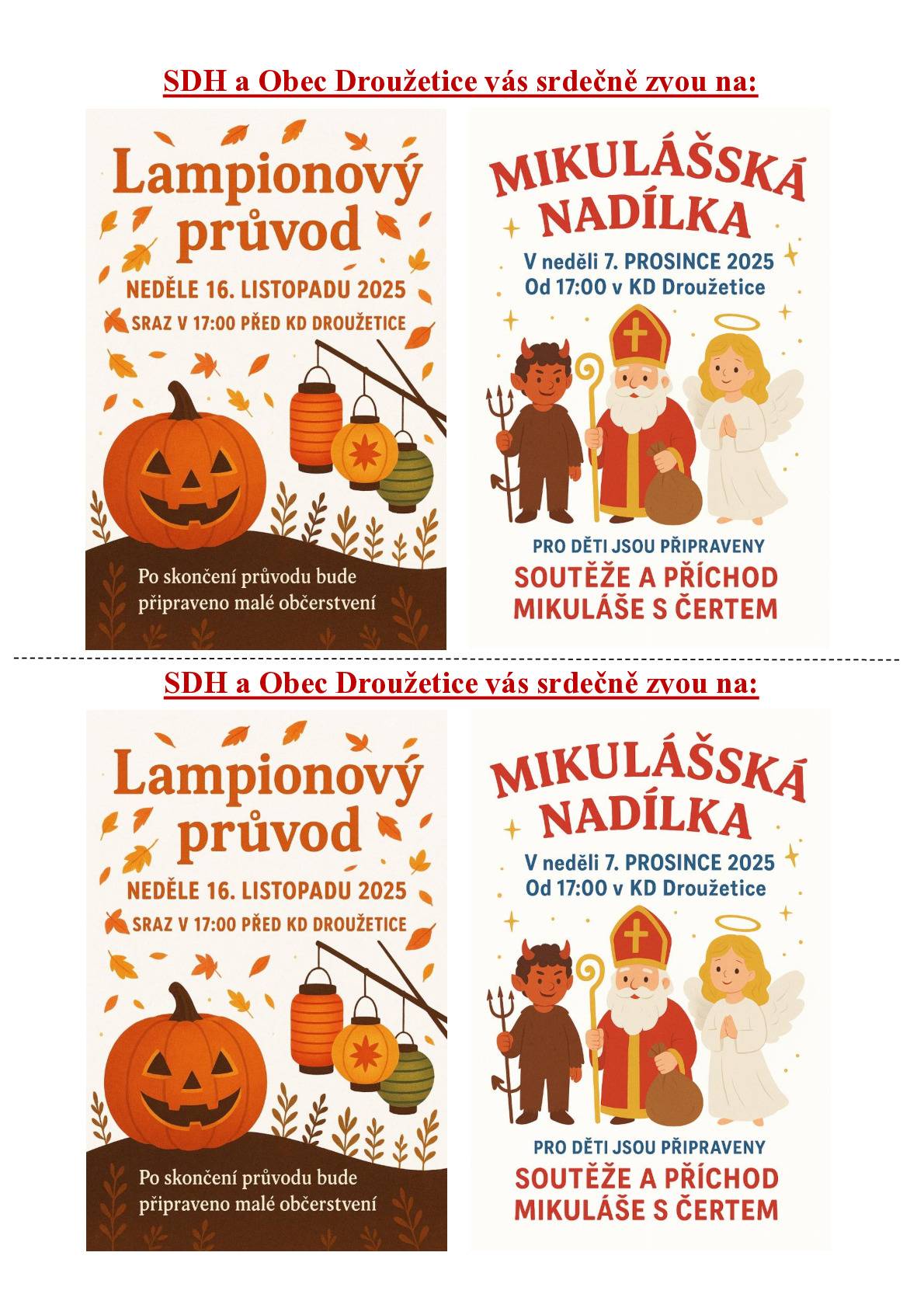 Pozvánka na lampionový průvod a Mikulášskou nadílku