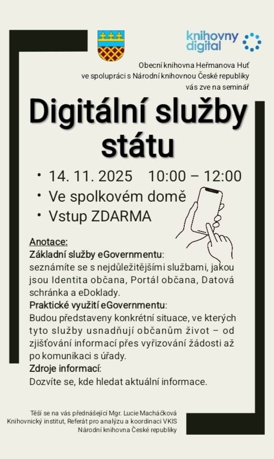 Zveme obcany zitra do SD od 10h na seminar: Orientace obcana v digitalnich sluzbach statu - e-dokledy, datovky, portal obcana. Vstup zdarma