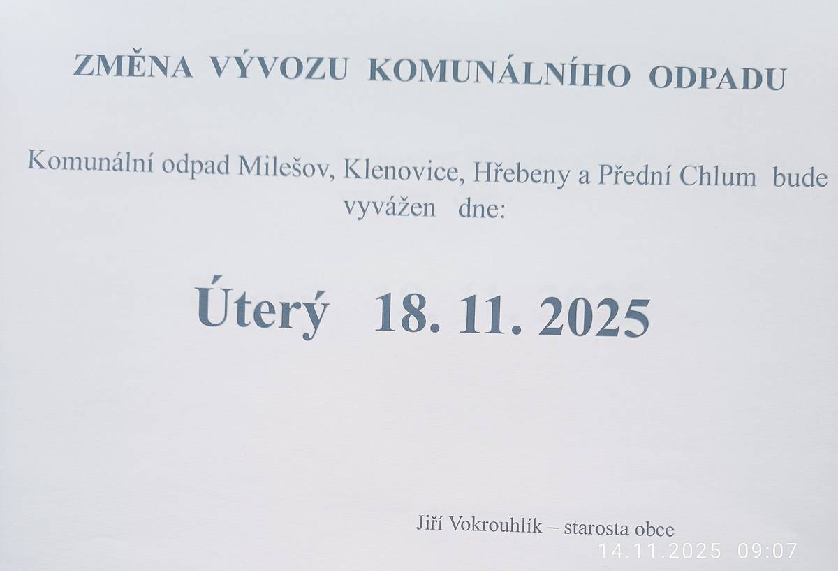 Svoz komunálního odpadu bude probíhat v úterý 18.11. 2025. Posunutí termínu z důvodu svátku.
