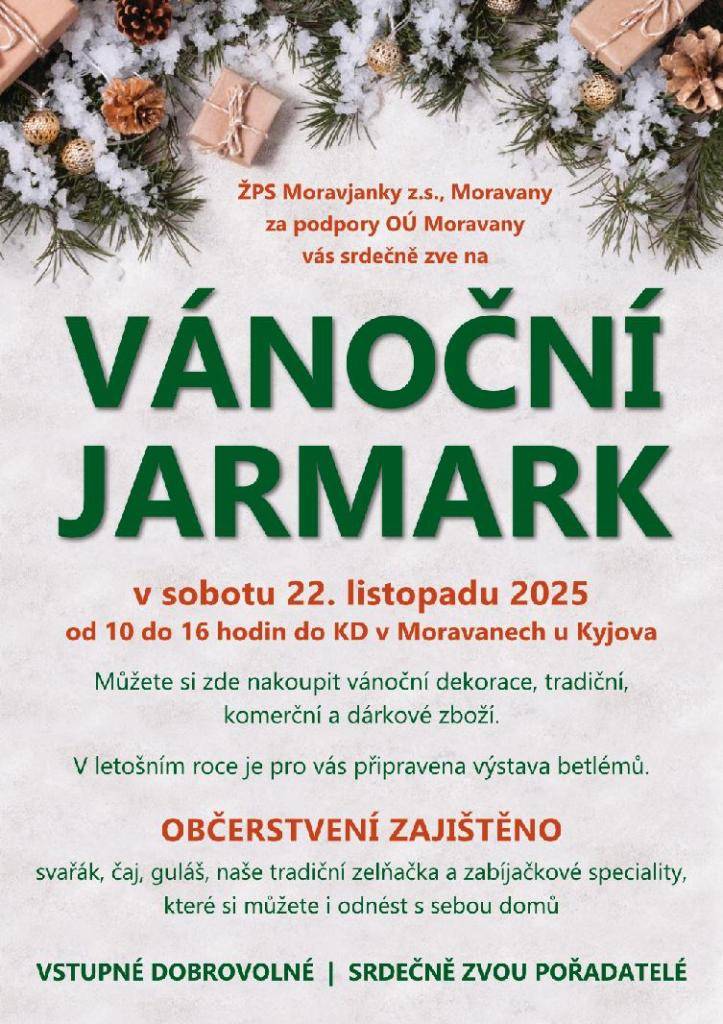 Pozvánka sousedů - Vánoční Jarmark Moravany 2025 v sobotu 22. listopadu 2025 od 10 do 16 hodin v KD Moravany.