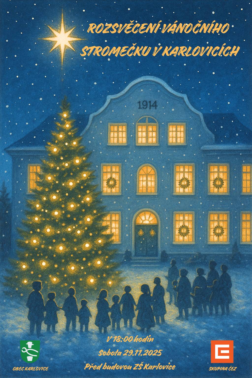 Přijměte srdečné pozvání na slavnostní rozsvěcení vánočního stromečku a den plný vánoční atmosféry! 🗓️ Kdy? Sobota 29. 11. 2025 🎄 Rozsvěcení vánočního stromečku   V 18:00 hodin   Kde: Před budovou ZŠ Karlovice   Přijďte zažít magický okamžik, kdy se stromeček rozzáří!  Zve Obec Karlovice & Skupina ČEZ  🛍️ Vánoční jarmark   Nezapomeňte, že tentýž den se koná i tradiční Vánoční jarmark!   Od 13:00 hodin   Kde: V Obecním domě Slezan   Můžete se těšit na stánky s řemeslnými výrobky, vánoční občerstvení a příjemné odpoledne pro celou rodinu.   Těšíme se na Vás! Obec Karlovice
