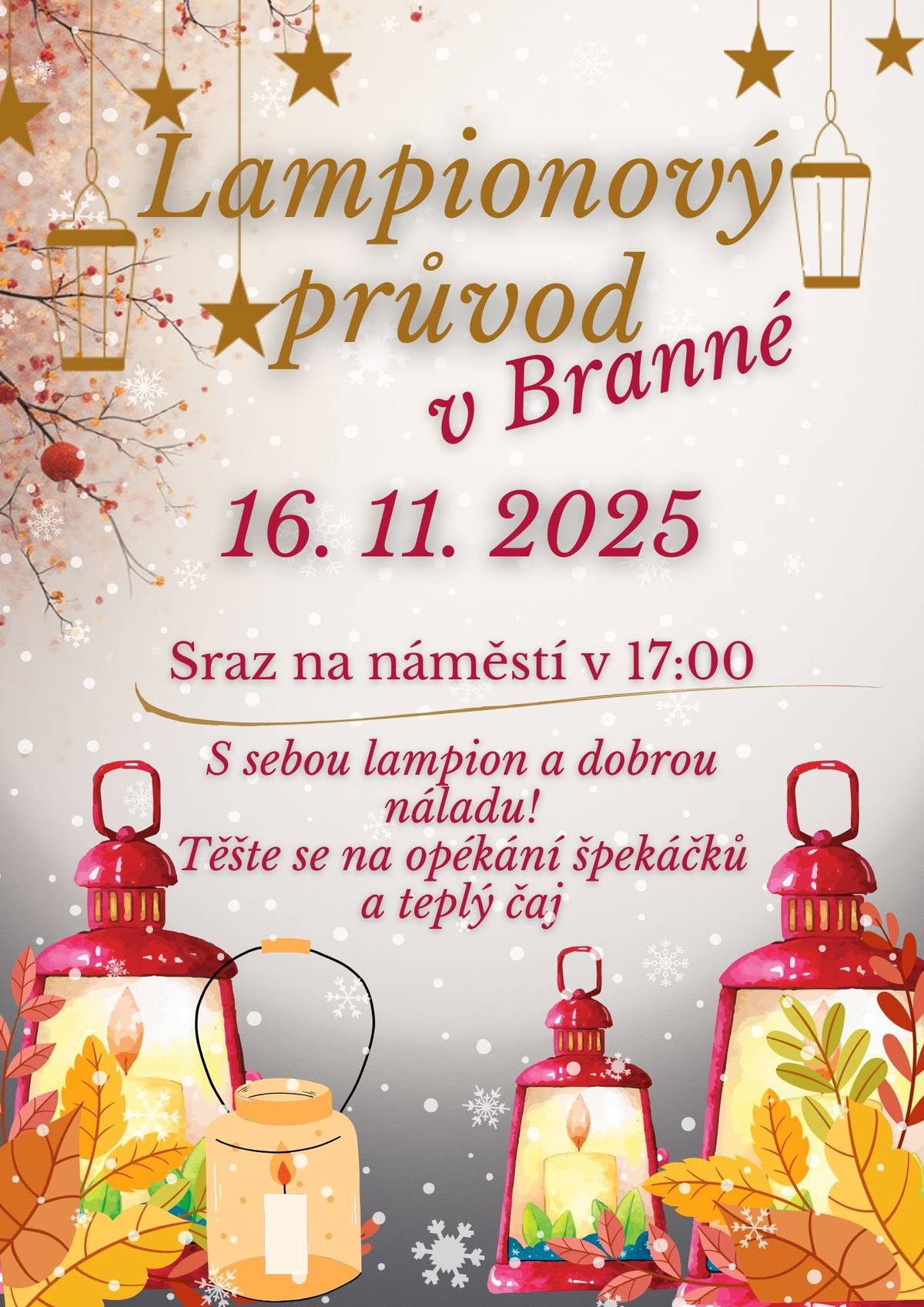🕯️ Přijďte s námi rozsvítit listopadový večer! 🕯️ 📅 Kdy: neděle 16. listopadu 📍 Kde: sraz na náměstí v 17:00 🚶♀️ Společně půjdeme ke statku k lípě, kde bude připraven 🔥 oheň na opékání špekáčků, špekáčky a 🍵 teplý čaj pro všechny. ✨ Vezměte si lampion, dobrou náladu a přijďte si užít kouzelný večer plný světýlek! ✨
