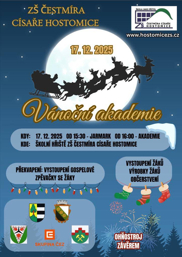 Vážení rodiče, zákonní zástupci,  dovolujeme si Vás srdečně pozvat na Vánoční akademii spojenou s jarmarkem, která se uskuteční 17. 12. 2025 od 16:00 na školním hřišti.  Těšit se můžete na vystoupení žáků, nabídku vánočních výrobků žáků a příjemnou sváteční atmosféru.