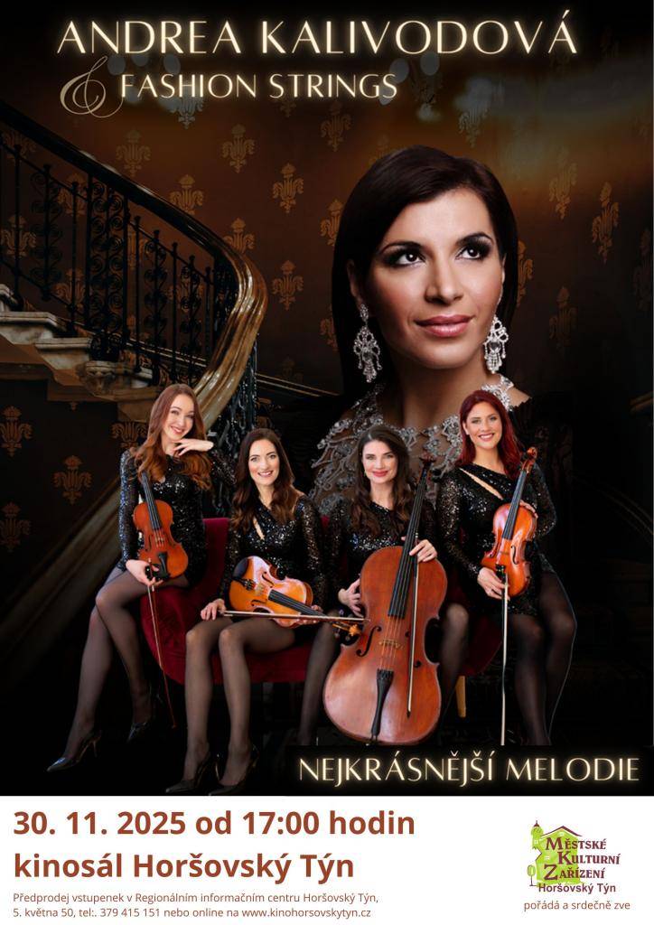 Česká Carmen v adventním kouzlu!  Operní diva Andrea Kalivodová a smyčcové kvarteto Fashion Strings vás provedou večerem plným emocí, melodií a svátečního lesku.  Klasika, muzikál, vánoční hity i koledy, které si zazpíváme společně.  ✨ Přijďte si užít kouzlo adventu s hudbou, která zahřeje u srdce!