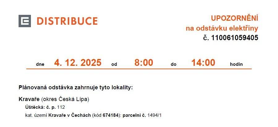 Dne 4.12.2025 je na adrese Úštěcká č.p. 112 plánovaná odstávka elektřiny v čase 8.00 - 14.00h.