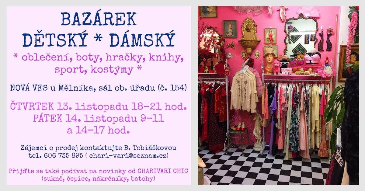 Zveme Vás dnes od 9 do 11 hodin a od 14 do 17 hodin na bazárek v sále v Nové Vsi. Parádní věci (často i úplně nové) za skvělé ceny, velký výběr ve všech velikostech. Oblečení, boty, doplňky, knihy, hračky, kočárky, autosedačky, kola, lyže... Vstup zdarma.