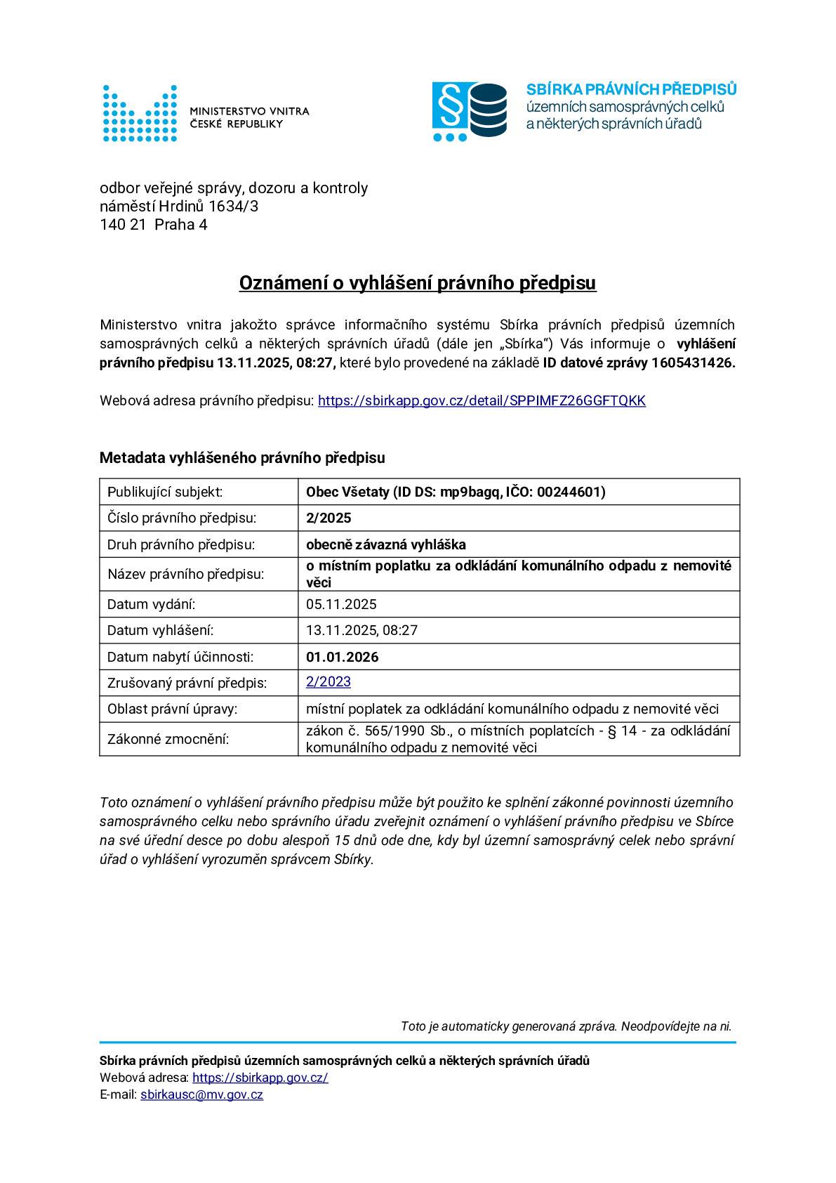 Obecně závazná vyhláška obce Všetaty o místním poplatku za odkládání komunálního odpadu z nemovité věci