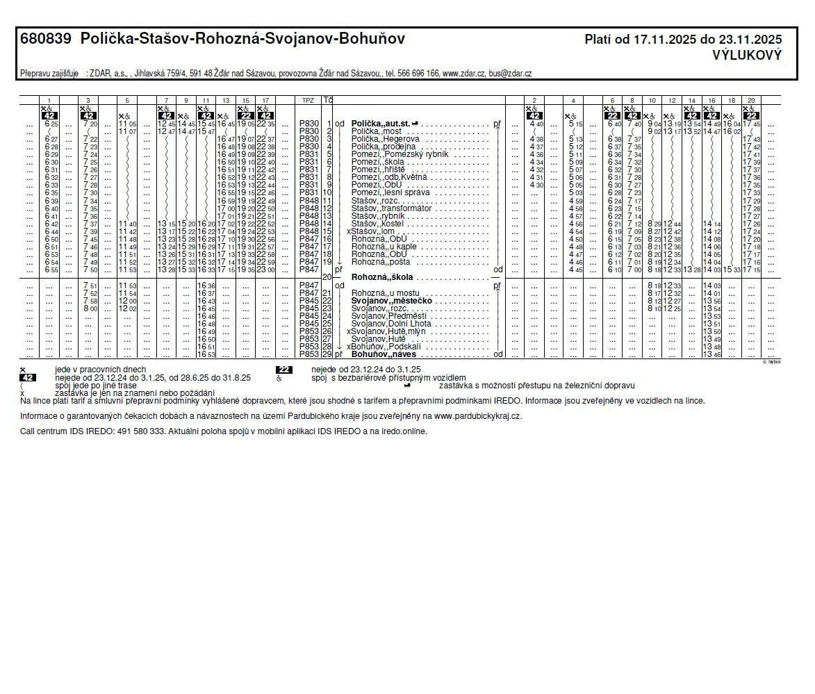 Ve sváteční den, tj. 17.11.2025 a o víkendu 22.-23.11.2025 nepojede z Poličky, ani do Poličky žádný autobusový spoj. Ve všední dny 18.11.-21.11. je zaveden výlukový jízdní řád. Ranní spoje zůstávají zachovány v plném rozsahu poslední odjezd Stašov „kostel“ v 7:12 směr Polička, a z Poličky v 7:20, odpoledne pak od 16:45 z Poličky, v 17:26 ze zastávky Stašov „kostel“ směr Polička. Během dne spoje budou jezdit v rozsahu Polička, přes Jedlovou do Stašova zastávky „kostel“, „lom“, stejně tak zpět. Mezi Poličkou a Stašovem nikde jinde nezastavují. V Poličce při výluce autobus zastavuje pouze na Autobusovém nádraží a na zastávce „most“, úplně se vynechává zastávka na ulici Hegerova. Aktuální polohu spojů naleznete v mobilní aplikaci IDS IREDO a na http://www.iredo.online