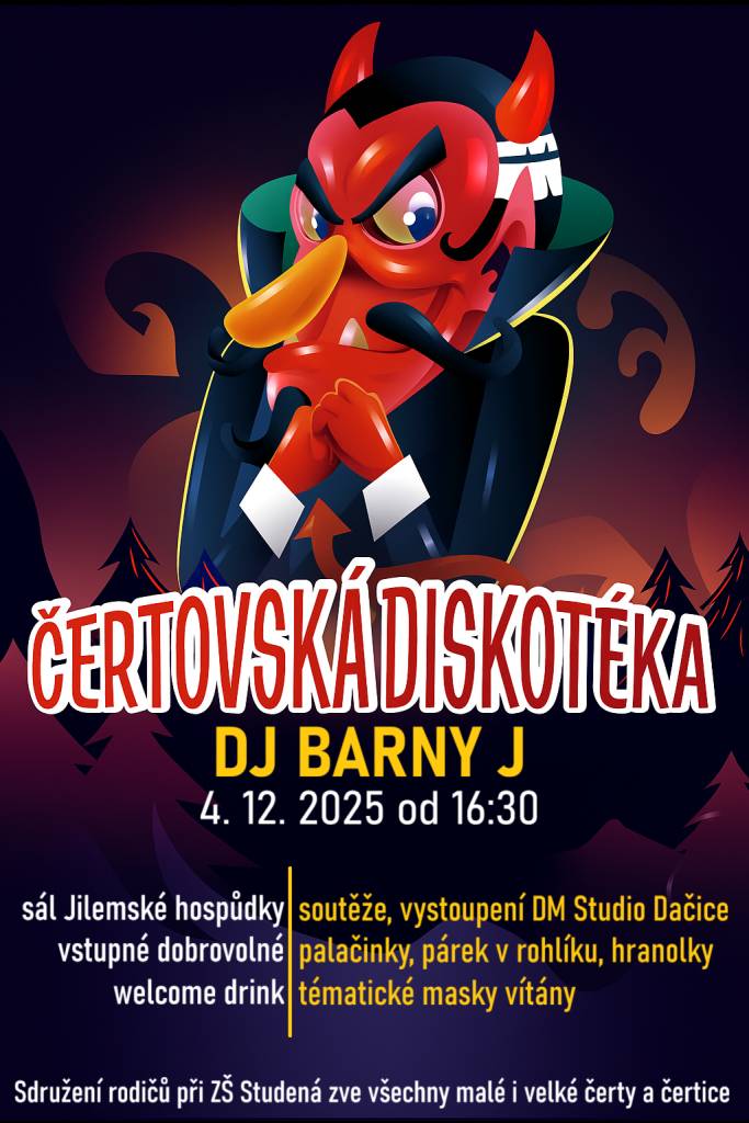 Sdružení rodičů zve všechny žáky 4. 12. 2025 na Čertovskou diskotéku do Jilmu.