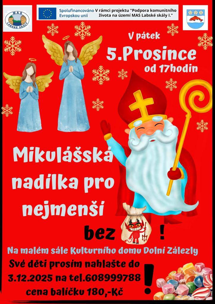 Srdečně zveme děti i rodiče na tradiční mikulášskou nadílku, která proběhne v pátek 5. prosince od 17:00 v malém sále Kulturního domu Dolní Zálezly.