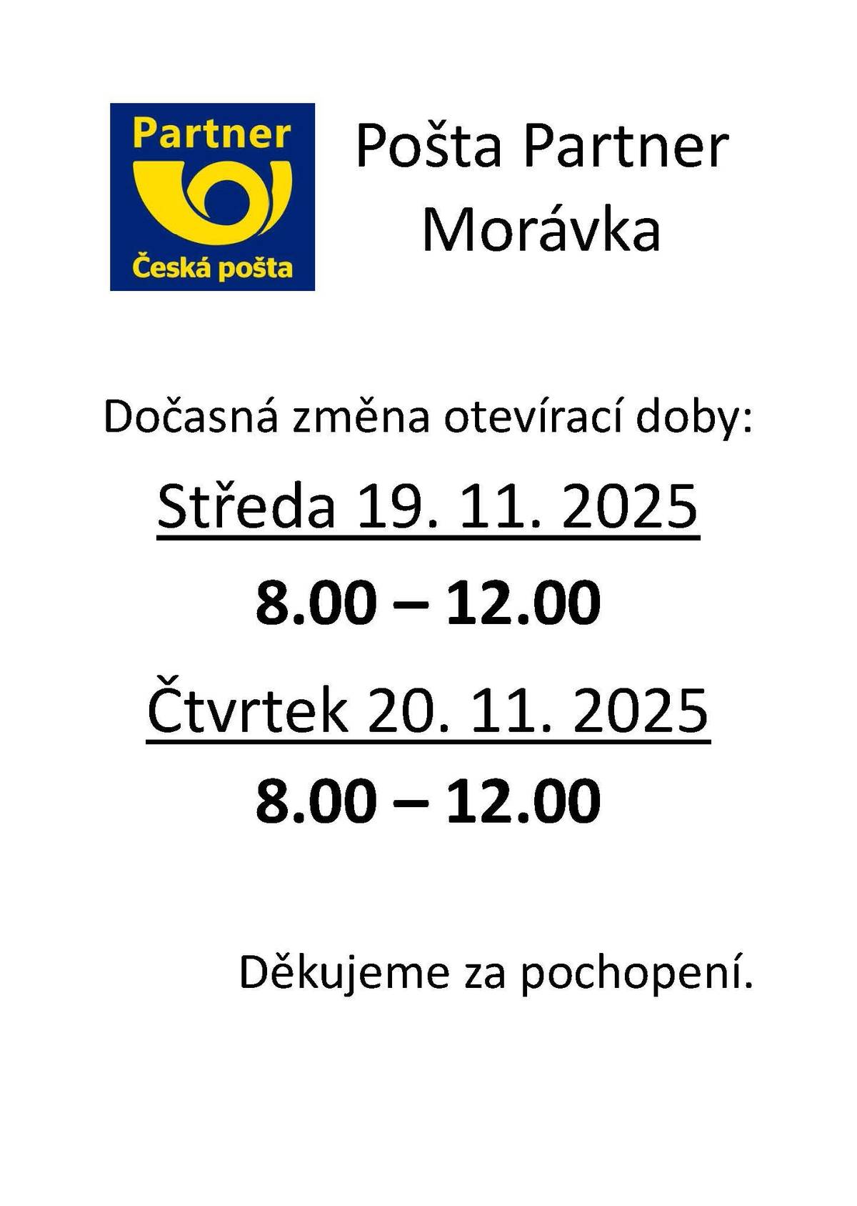 Dočasná změna otevírací doby