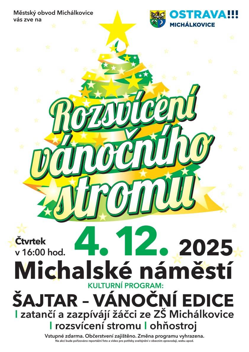 ✨🎄Městský obvod Michálkovice vás srdečně zve na slavnostní rozsvícení vánočního stromu! 🎅❄️ 📅 4. 12. 2025 ⏰ od 16:00 📍 Místečko: Michalské náměstí Přijďte společně zahájit adventní čas, užít si sváteční atmosféru, vánoční koledy a setkání s přáteli a sousedy. ✨ 🎄✨ Těšíme se na vás! 🎁🌟
