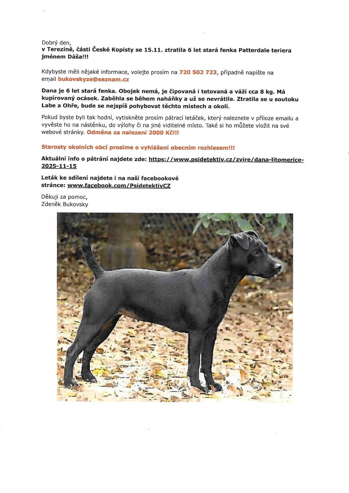 Ztráta psa v Terezíně. Fenka černého teriéra slyšící na jméno Dáša. Informace podávejte na tel.č. 720 502 723. Odměna za nalezení.