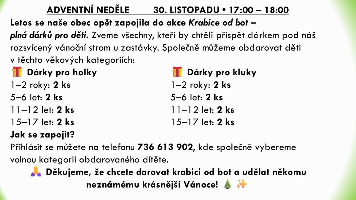Letos se naše obec opět zapojila do akce Krabice od bot – plná dárků pro děti.