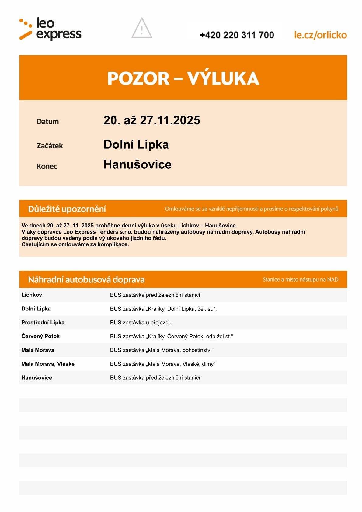 Rádi bychom vás informovali, že od 20. do 27. listopadu 2025 bude na pokyn provozovatele dráhy přerušen vlakový provoz v úseku Dolní Lipka – Hanušovice. Vlaky v úseku Lichkov – Hanušovice nepojedou a budou nahrazeny autobusy náhradní dopravy, které pojedou podle výlukového jízdního řádu. Ten najdete jako obrázek pod tímto příspěvkem.