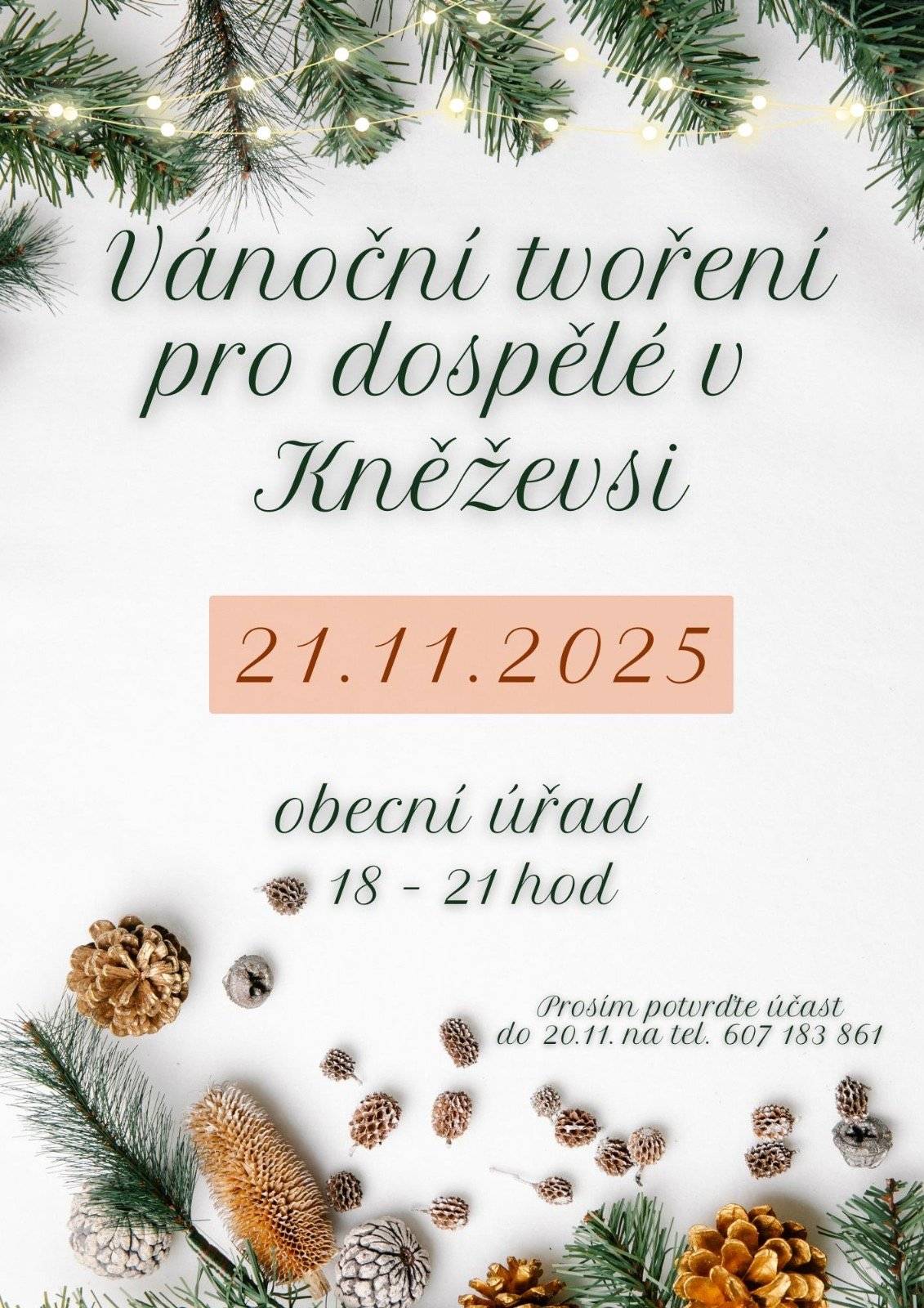 Srdečně Vás zveme na vánoční tvoření pro dospělé. Proběhne v pátek 21.11.2025 od 18 do 21 hod na obecním úřadě v Kněževsi. Prosíme o potvrzení účasti do 20.11. na tel. 607 183 861.