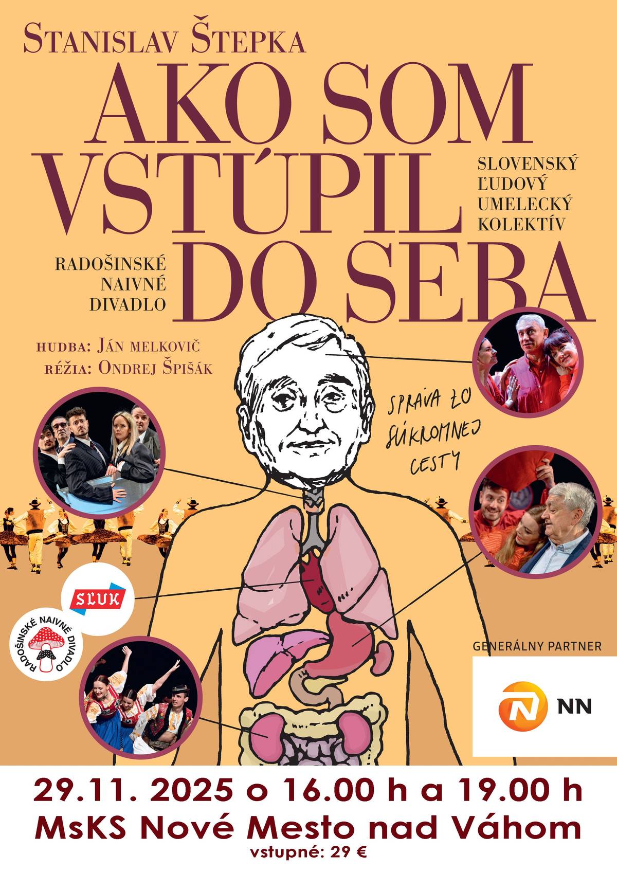Správa zo súkromnej cesty Radošinské naivné divadlo spolu so Slovenským ľudovým umeleckým kolektívom, s jeho tanečnou zložkou a kapelou, chce pripraviť a spolu uviesť veľkú muzikálovú inscenáciu o vtipnom spoznávaní seba, o hľadaní a možno aj nachádzaní seba samého; chceme spolu s divákmi zažiť veľkú výpravu do sveta fantázie a spomienok a pritom v sebe  preskúmať to človečenské, čo nás spája. Autor sa rozhodne doslova vstúpiť do seba, zoznámiť sa s vlastným vnútrom, teda Jazykom, Zubmi, so Slinami, ktoré ho dopravia do žalúdka, kde by stretol ubolený žalúdočný Vred v prítomnosti vyhrávajúcej rómskej kapely, prepadli by ho Parazity a ochránili Krvinky, privandroval by aj do Srdca, kde by stretol tých, ktorých má v srdci. Pamätlivá  Pamäť by mu ukázala to, čo pozabúdal a na čo by zabudnúť nemal. Celou cestou by ho mala sprevádzať kamarátka Fantázia, ktorá cestujúcemu v sebe ponúkne od začiatku do konca nevídané a nečakané príležitosti. Ráno by som sa mohol z cesty šikovne vrátiť, napríklad by som sa mohol so Slzou len tak vyplakať... Pozývame divákov tohto nezvyčajného spoločného javiskového projektu RND a SĽUK-u  na veľké spoločné a spoločenské scénické a fantazijné vandrovanie i uvažovanie o nás, o sebe a  čase.  VSTUPENKY  Účinkujúci: Stanislav Štepka, Maruška Nedomová,  Anna Dysko alebo Tereza Hanáková, Michaela Szöcsová, Martina Slobodová alebo Veronika Horváthová, Mojmír Caban, René Štúr, Adam Jančina alebo Samuel Spišák, Vladimír Svítek alebo Matej Volf a Ladislav Hubáček. Autor hry a textov piesní:  Stanislav Štepka  Réžia: Ondrej Spišák Hudba: Ján Melkovič Hudobné aranžmány: Stanislav Palúch Kostýmy: Veronika Vartíková Scéna: Szilárd Boráros Producent : Ladislav Hubáček