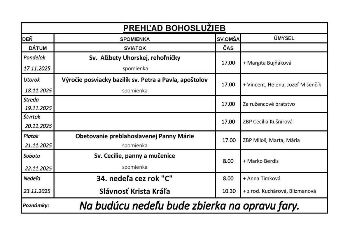 Prehľad Bohoslužieb 17.11.2025- 23.11.2025