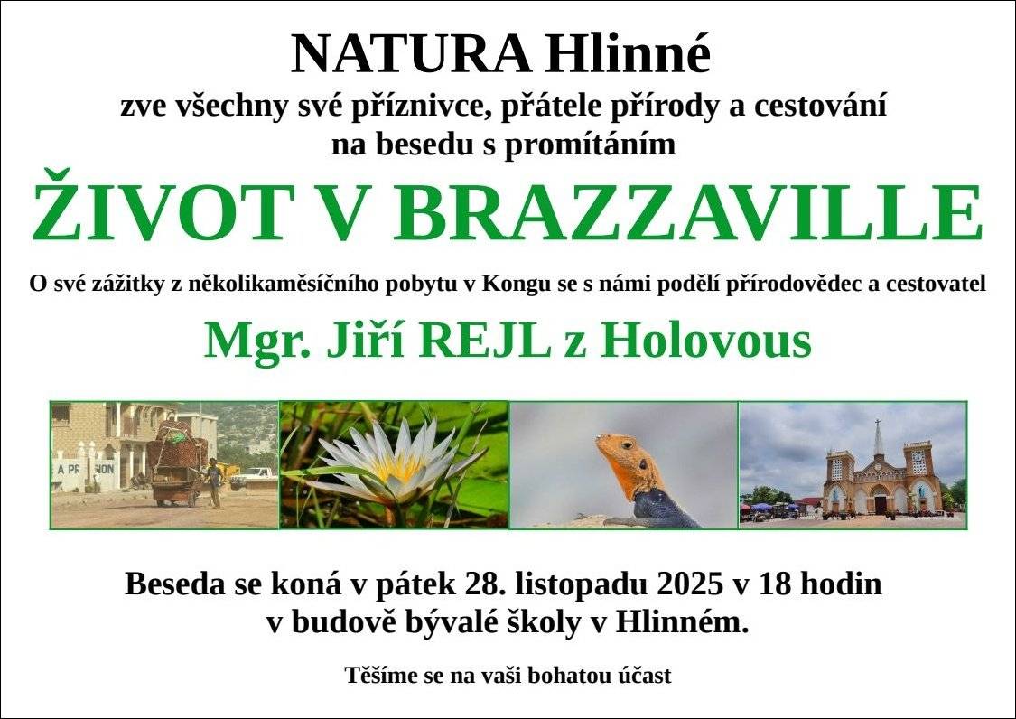 Beseda s Mgr. Jiřím Rejlem z Holovous  v pátek 28.11.2025 od 18 hodin v budově bývalé školy v Hlinném Jste srdečně zváni
