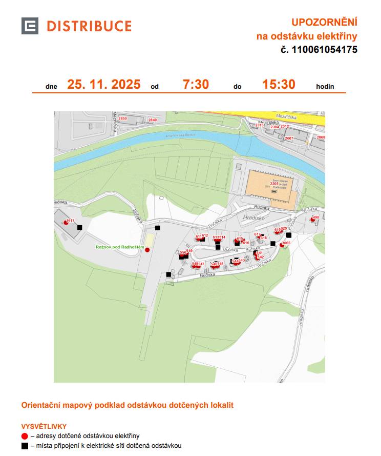 💡Informujeme občany o plánovaném přerušení dodávky elektrické energie v Rožnově pod Radhoštěm v úterý 25. listopadu 2025 od 7.30 do 15.30 hodin v těchto lokalitách: 💡Rožnov pod Radhoštěm (okres Vsetín) Bučiska: č. p. 490, 541-550, 611-617, 619, 620, 1617, 3065 kat. území Rožnov pod Radhoštěm (kód 742937): parcelní č. 912/1