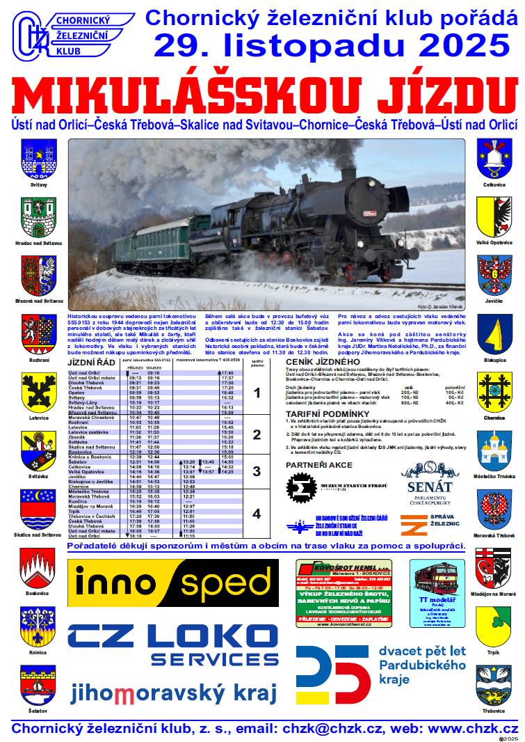 Mikulášská jízda Chornického železničního klubu 2025 Podrobné informace, ceník  Plakát v PDF