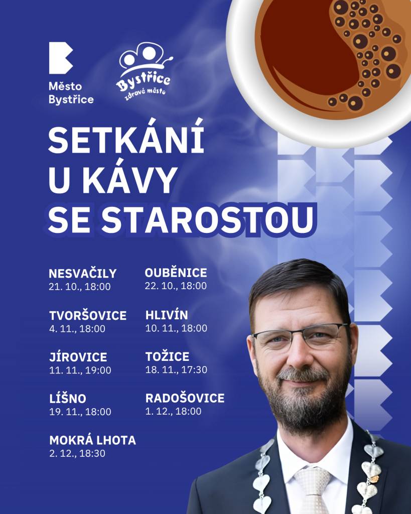 Starosta Michal Hodík i letos pokračuje v setkáních s občany jednotlivých městských částí. Přijďte si popovídat u kávy o tom, co vás zajímá, trápí nebo těší.  Setkání u kávy jsou neformální příležitostí pro občany, jak se setkat s vedením města, zeptat se na cokoliv, co je zajímá, nebo...