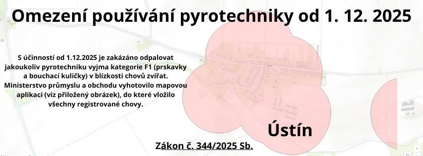 Upozornění pro občany Od 1. 12. 2025 vstupuje v platnost nové omezení používání pyrotechniky podle zákona č. 344/2025 Sb. Pyrotechniku (mimo drobných F1 – prskavky, bouchací kuličky) nebude možné odpalovat v blízkosti chovů zvířat. Ministerstvo průmyslu a obchodu zveřejnilo mapovou aplikaci s vyznačenými ochrannými zónami – jejich ukázku najdete na přiloženém obrázku. Prosíme občany o respektování nových pravidel. Děkujeme za ohleduplnost.