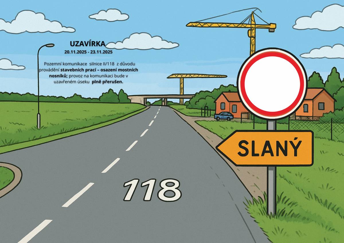 Pozemní komunikace silnice II/118 z důvodu provádění stavebních prací – osazení mostních nosníků; provoz na komunikaci bude v uzavřeném  úseku plně přerušen. Pro nájezd na D7 použijte objízdnou trasu dle přiloženého plánu. Objízná trasa platí též pro autobusové linky č. 627 a 324. Výlukové jízdní řády najdete ZDE:https://www.ouprelic.cz/volny-cas/aktuality/uzavirka-pozemni-komunikace-silnice-ii-118-20112025-23112025-609cs.html