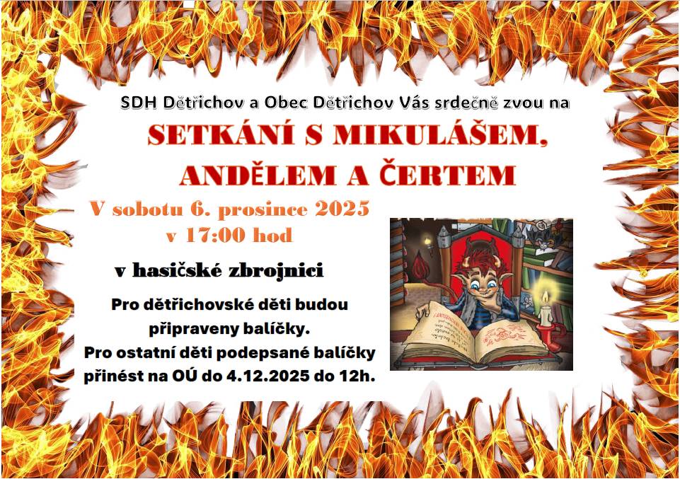 SETKÁNÍ S MIKULÁŠEM, ANDĚLEM A ČERTEM v sobotu 6. prosince 2025 v 17,00 hod v hasičské zbrojnici v Dětřichově