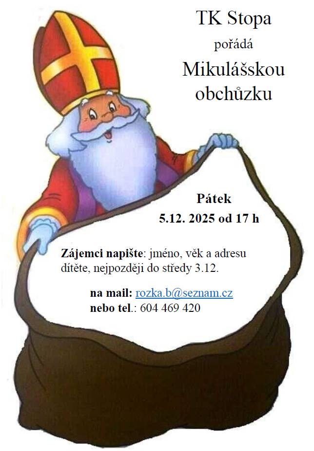 Obcí chodí Mikuláš Vážení rodiče, máte-li zájem, aby k Vám domů přišel v pátek 5.12.2025 Mikuláš, napište mu ;-)