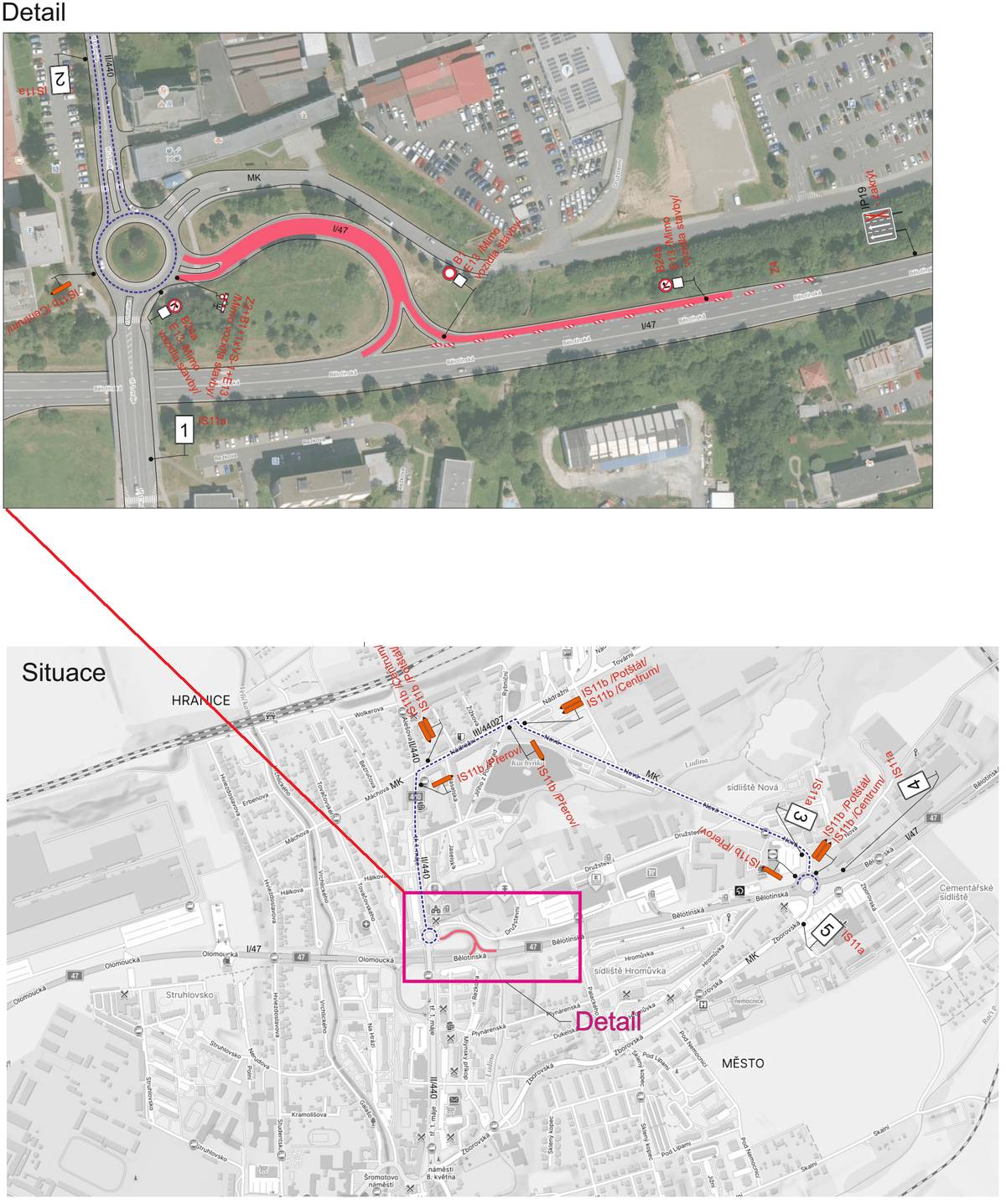 Z důvodu opravy povrchů vozovky dojde v termínu od 24. 11. 2025 do 26. 11. 2025 k úplné uzavírce silnice I/47 (sjezd k okružní křižovatce a nájezd od okružní křižovatky) ulice Bělotínská v Hranicích.