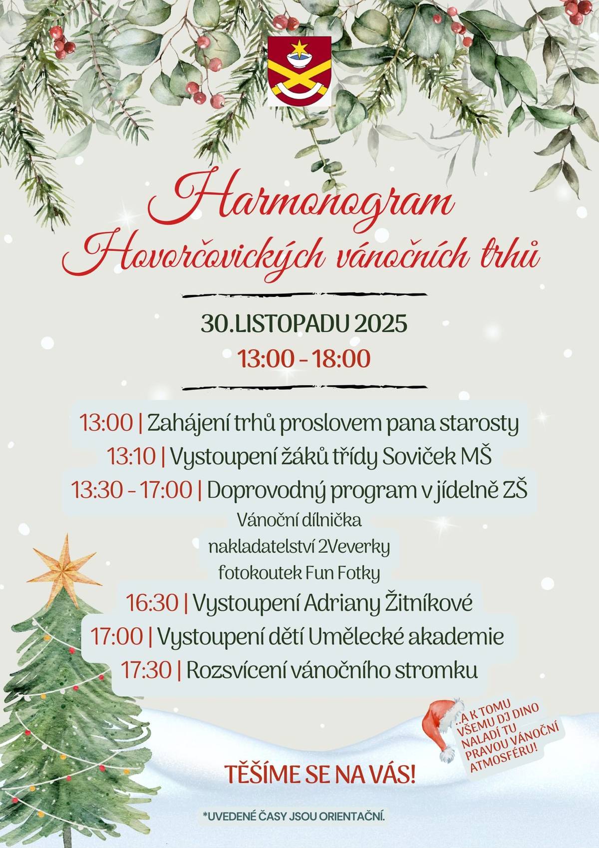 🎄 Už se to blíží! Přinášíme vám proto přehled programu, ať víte, na co se můžete těšit. Hovorčovické vánoční trhy zahájí pan starosta ve 13 hodin. Od 13:30 pak poběží paralelní program také v jídelně Základní školy. Vánoční atmosféra, lokální produkty i dobrá nálada — to vše vás čeká 30. listopadu na Palouku a v jídelně ZŠ. Těšíte se? My už se nemůžeme dočkat :-)