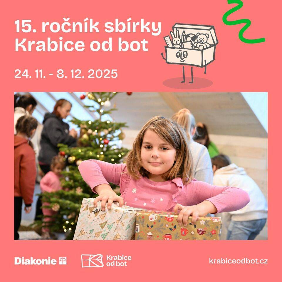 Vánoční sbírka v naší knihovně  Zapojte se společně s námi do největší české sbírky vánočních dárků určené pro děti v nouzi. Sbírku s názvem Krabice od bot organizuje pod záštitou manželky prezidenta, paní Evy Pavlové, letos již po patnácté Diakonie ČCE. Právě vaše krabice může být tím jediným dárkem, který k letošním Vánocům dítě v nouzi dostane. Kdy: od 24. 11. 2025 do 8. 12. 2025 Jak: na webových stránkách sbírky (https://www.krabiceodbot.cz/) vyberte jako sběrné místo naši knihovnu a dárek si u nás zarezervujte. Sami si určete, zda chcete obdarovat chlapce či dívku a kolik by jim mělo být let. Do libovolné krabice od bot dejte dárky, o kterých si myslíte, že by vašemu dítěti nebo i vám udělaly radost. Hodí se například hračky, školní a výtvarné potřeby, kosmetika, doplňky, knihy, hezké oblečení, sladkosti a podobně. Vhodnější je zabalit více drobností než jednu věc. Přidat můžete i přání k Vánocům. Krabici zabalte do vánočního papíru, napište na ni věk a pohlaví dítěte, pro které je krabice určená a v uvedeném termínu ji doneste do knihovny. V knihovně zajistíme předání balíčků na centrální sběrné místo, odkud budou balíčky putovat k potřebným dětem. Rezervace dárků bude na webu sbírky (https://www.krabiceodbot.cz/) spuštěna 18. 11. 2025 a najdete zde i tipy co do krabice zabalit. Za všechny vaše dárky předem děkujeme. Foto: krabiceodbot.cz