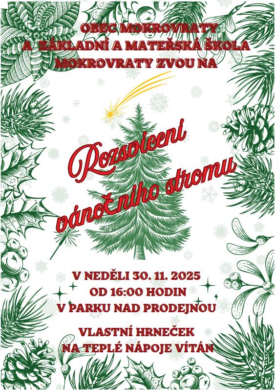 Pozvánka na rozsvícení vánočního stromu v neděli 30. listopadu 2025 od 16:00 hodin.