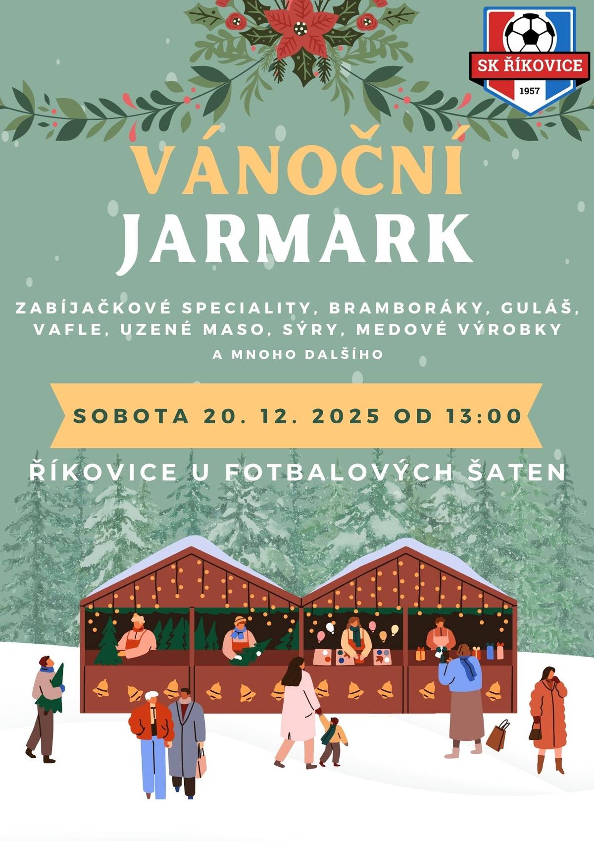 SK Říkovice zve v sobotu 20.12.2025 na tradiční Vánoční jarmark. Těšíme se na Vás od 13:00 u šaten.