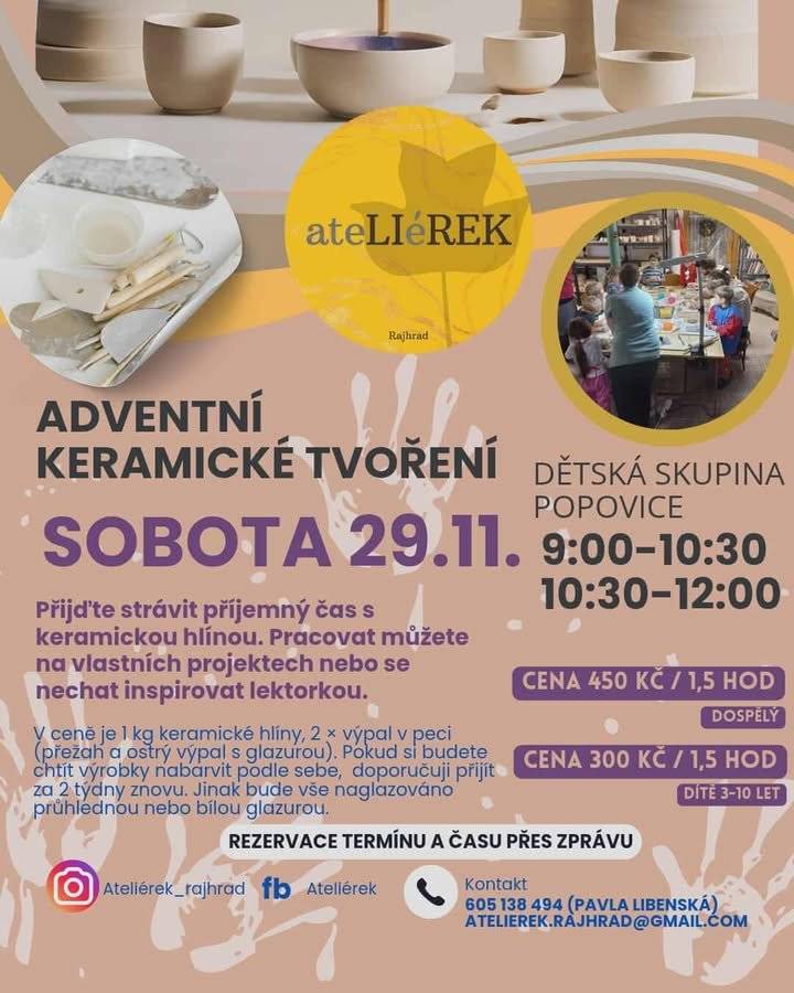 Zveme na Adventní keramické tvoření v DS Popovice. Pro rodiny i jednotlivce. Bližší info na letáku https://www.obecpopovice.cz/obec/udalosti-v-obci/kalendar-akci/adventni-keramicke-tvoreni-170_122cs.html