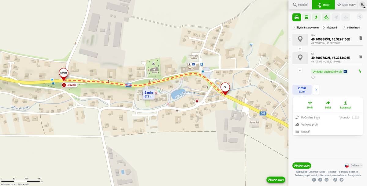 Aktuální informace zhotovitele (z kontrolního konaného dne 18.11.2025) k uzavírce v obci Pomezí ve dnech 19.11.2025 – 23.11.2025 Dne 18.11.2025 v odpoledních hodinách cca od 16-ti hod. bude probíhat penetrace v úseku křižovatka na Květnou – prodejna COOP, provoz bude možný s omezením, doporučené použít objízdnou trasu kolem 1. stupně ZŠ a hasičské zbrojnice. Středa 19.11.2025 úsek č. 1 : Dne 19.11.2025 bude zcela uzavřen úsek silnice II/363 od křižovatky na Květnou po křižovatku s místní komunikací u plechové haly obce (ocelokůlna) u č.p. 245 (odkaz č. 1). Uzavírka bude v době od 7.30 do 17.00. Proběhne asfaltování komunikace celoplošně v celé šíři – objízdná trasa povede po místní komunikaci ve směru od Poličky od začátku uzavírky poté po silnici od Baldy u hasičské zbrojnice doprava (odkaz č.2). Do centra obce bude možné se dostat po místní komunikaci od střediska Agronea. Pro obyvatele domů u silnice v uzavřeném úseku v místě uzavírky je možné vyjet s vozidly do 7.30 a zpět v odpoledních hodinách, nejpozději od 17.00 hodin bude úsek otevřen. Odkaz č. 1 Uzavírka 19.11.2025 : uzavírka (obrázek č. 1) Odkaz č. 2 Objízdná trasa 19.11.2025 : objízdná trasa (obrázek 2) Čtvrtek 20.11.2025 úsek č. 2 : Dne 20.11.2025 bude zcela uzavřen úsek silnice II/363 od prodejny COOP po č.p. 77 (viz. odkaz č. 3). Uzavírka bude v době od 7.30 do 17.00. Proběhne asfaltování komunikace celoplošně v celé šíři – objízdná trasa po místní komunikaci od obecního úřadu zadem přes náves směr středisko Agronea a.s. (bude možný i průjezd přes středisko Agronea) viz. odkaz č. 4. Pro obyvatele domů u silnice v uzavřeném úseku v místě uzavírky je možné vyjet s vozidly do 7.30 a zpět v odpoledních hodinách, nejpozději od 17.00 hodin bude úsek otevřen. Odkaz č. 3 uzavírka 20.11.2025 :  uzavírka (obrázek 3) Odkaz č. 4 objízdná trasa 20.11.2025 (do doby než práce pokročí k vjezdu do střediska Agronea), poté dle značení přes středisko Agronea : objízdná trasa (obrázek 4 + 4a) Pátek 21.11.2025 úsek č. 3 : Dne 21.11.2025 bude zcela uzavřen úsek silnice II/363 od č.p. 77 po č.p. 43 (nad zastávkou Pomezí - Lesní správa) (viz. odkaz a mapa č. 5). Uzavírka bude v době od 7.30 do 17.00. Proběhne asfaltování komunikace celoplošně v celé šíři – UVEDENÁ UZAVÍRKA č. 3 V TOMTO ÚSEKU NEMÁ MOŽNOST OBJÍZNÉ TRASY, pro obyvatele v místě uzavírky je možné vyjet s vozidly do 7.30 a zpět v odpoledních hodinách, nejpozději od 17.00 hodin bude úsek otevřen. Dle situace mohou práce v úseku č. 3 pokračovat v sobotu 22.11.2025. Odkaz č. 5 uzavírka úsek 3 : uzavírka (obrázek 5)   Uzavírka byla se stavbou řešena tak, aby při uzavření úseku 1, 2 bylo možné uzavřené místo objet. U uzavírky úseku 3 pátek 21.11.2025 popř. sobota 22.11.2025 není možné uzavřené místo od 7.30 do odpoledních hodin nejpozději 17.00 objet). Autobusová doprava do 7.30 (školní autobusy), poté od 16.40 z Poličky. Mezitím autobusové linky v termínech 18.11.-21.11.2025 zrušeny, víkend 22.11.-23.11.025 zcela autobusové linky zrušeny. Od pondělí 24.11.2025 autobusové linky opět bez omezení budou fungovat. O změnách a situaci Vás budeme informovat na Munipolis, Facebooku obce a webu obce.