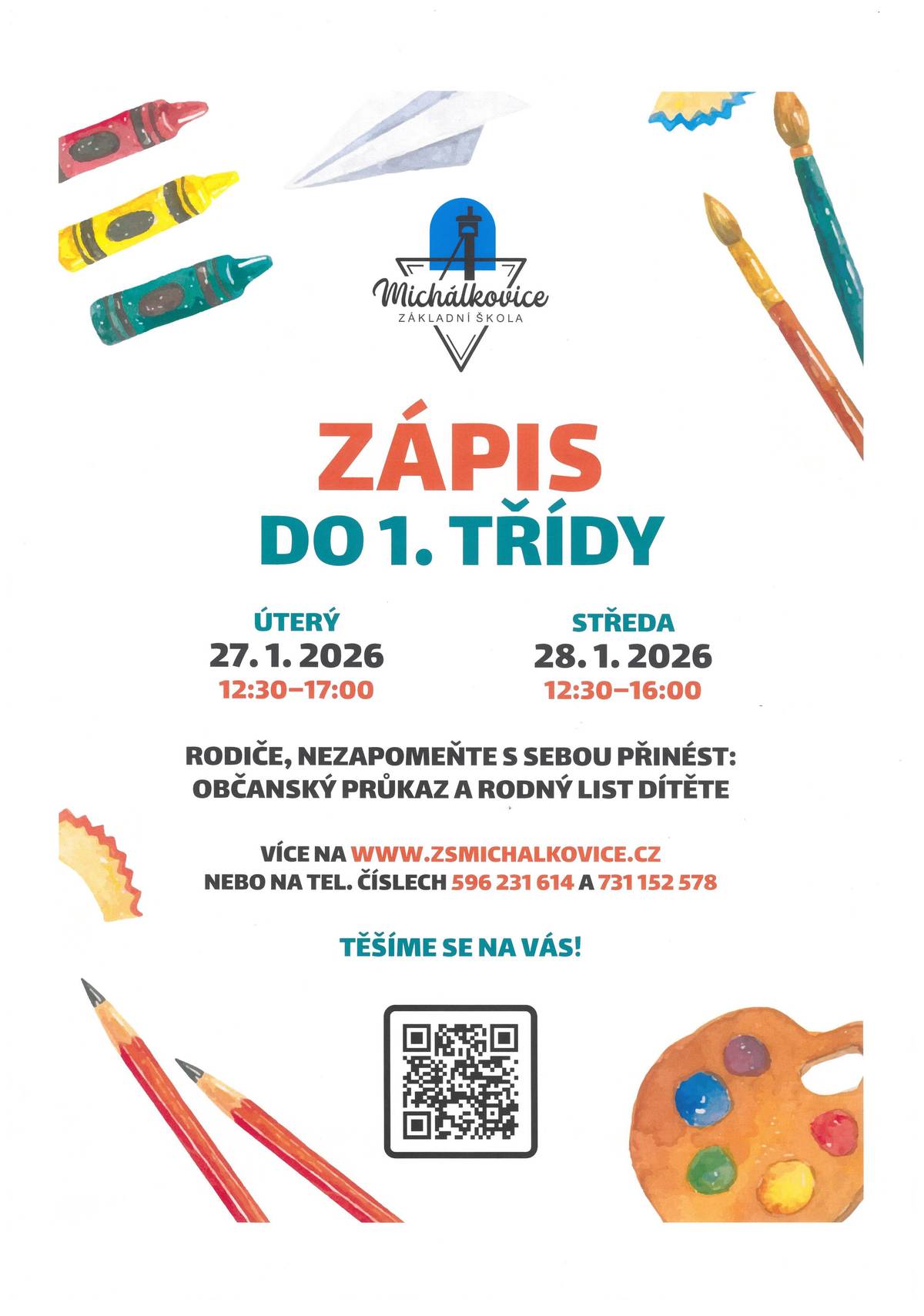 Milí rodiče, zápis do 1. třídy pro školní rok 2026/2027 se v ZŠ U Kříže v Ostravě-Michálkovicích uskuteční 27. a 28. ledna 2026.   Těšíme se na budoucí prvňáčky i jejich rodiče. Podrobné informace najdete na oficiálních stránkách školy: www.zsmichalkovice.cz .   Těšíme se na vás!