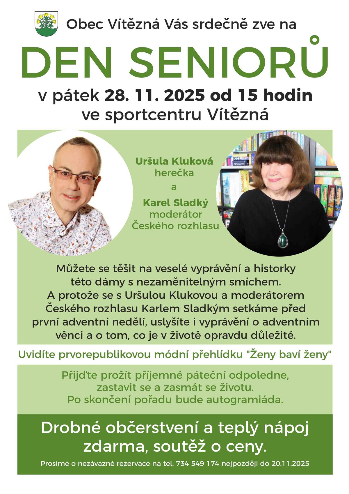 Zveme seniory na vyprávění Uršuly Klukové s Karlem Sladkým do sportcentra v Kocléřově 28.11. od 15 h. Rezervace na 734549174.