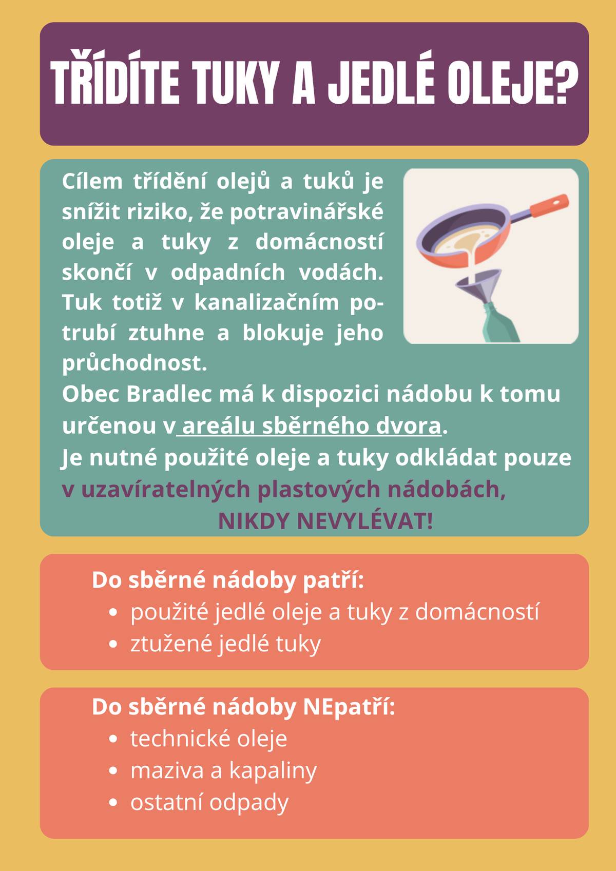 Máme pro vás informační leták, jak správně třídit tuky a jedlé oleje z domácností.