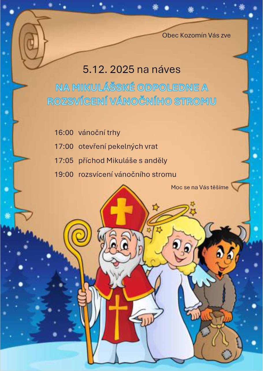 Dobrý den, ano, i v letošním roce jsme pro Vás připravili příjemné předvánoční setkání v centru obce. Těšit se můžete na vánoční trhy, příchod Mikuláše s čertovskou bandou a rozsvícení vánočního stromu. Přijďte společně s námi strávit sváteční odpoledne.