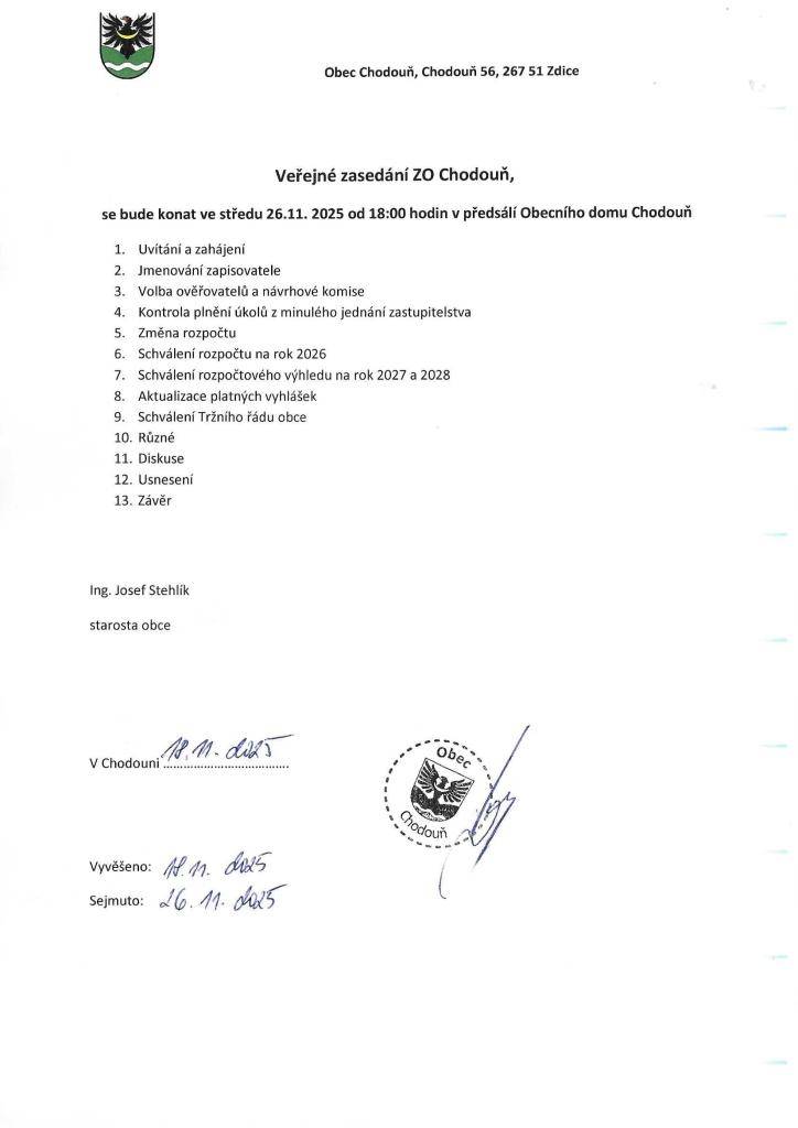 Veřejné zasedání ZO Chodouň 26.11.2025 od 18:00 hodin v Obecním domě Chodouň
