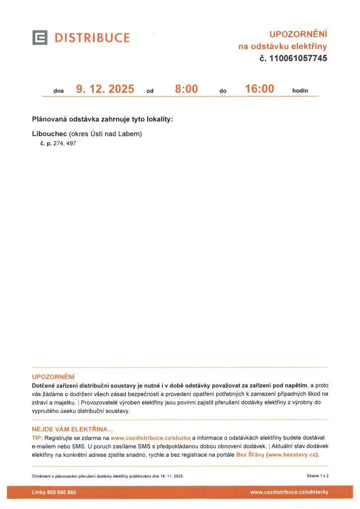 Oznámení o plánovaném přerušení dodávky elektrické energie dne 9.12.2025