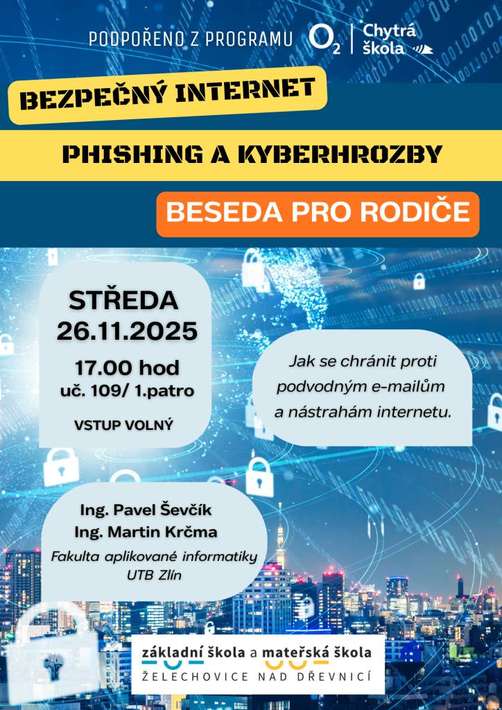 Přednáška Jak se chránit proti podvodným e-mailům a nástrahám internetu se koná ve středu 26. listopadu 2025 od 17:00 hodin v učebně 109, 1. patro. Odborníci z Fakulty aplikované informatiky UTB Zlín vám poskytnou užitečné rady a tipy, jak se efektivně chránit před online hrozbami. Vstup je volný a