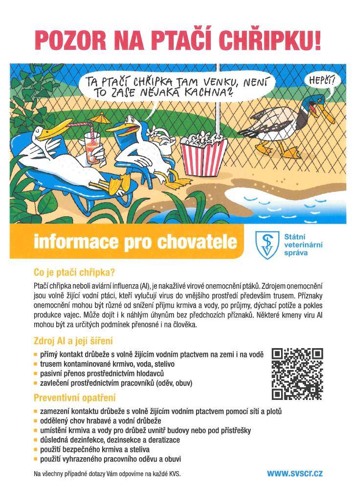 Ptačí chřipka je nakažlivé virové onemocnění, které postihuje ptáky. Zdrojem jsou volně žijící vodní ptáci, kteří virus šíří trusem. Mezi příznaky onemocnění patří snížený příjem krmiva, dýchací potíže a náhlé úhyny. Je důležité dodržovat preventivní opatření a chránit drůbež před nákazou.