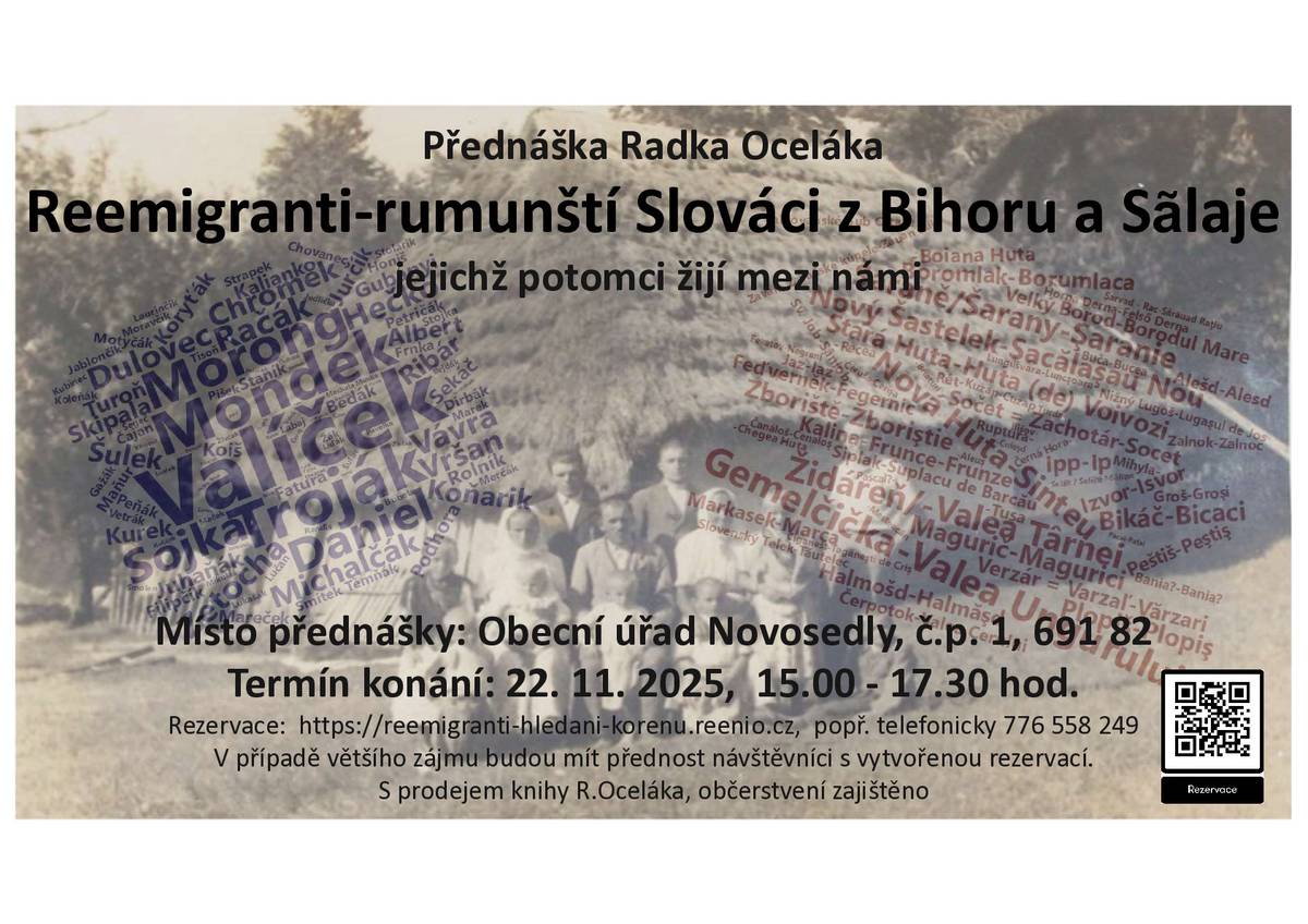 1/  Policie České republiky varuje před podvodnými balíčky na dobírku. V poslední době přibývá případů, kdy lidé převezmou a zaplatí zásilku, kterou si vůbec neobjednali, a až poté zjistí, že zásilka obsahuje bezcenné věci. S blížícími se Vánocemi buďte proto obezřetní a vždy si ověřte, že je balíček skutečně váš, a zkontrolujte si také odesílatele i částku, kterou máte uhradit. 2/  Zveme Vás na přednášku pana Radka Oceláka na téma "Reemigranti - rumunští Slováci", která proběhne tuto sobotu 22. listopadu 20225, v 15.00 hod., v kulturním sále na radnici v Novosedlech. 3/  Místní knihovna připomíná občanům, že dnes od 15 do 17 hodin je pravidelné půjčování knih. Upozorňuje čtenáře, kteří delší dobu knihovnu nenavštívili, aby přišli alespoň vrátit vypůjčené knihy.