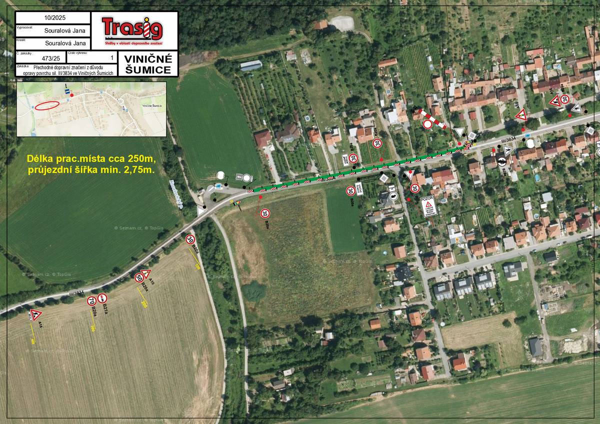 🚧 UZAVÍRKA SILNICE III/3834 – VINIČNÉ ŠUMICE 🚧 V termínu 19. 11. 2025 – 5. 12. 2025 proběhne ve Viničných Šumicích oprava povrchu silnice č. III/3834 v úseku od nemovitosti č. p. 323 po autobusovou točnu „Viničné Šumice, točna“ (km cca 4,760–5,010). 🔧 Jak bude provoz omezen?   Uzavřena bude vždy jen jedna strana vozovky.   Provoz bude veden kyvadlově jedním pruhem.   Dopravu bude řídit světelná signalizace.   Bez objízdné trasy, délka uzavřeného úseku cca 250 m.   🏗️ Důvod uzavírky Oprava povrchu komunikace III/3834. Děkujeme za trpělivost a ohleduplnost v době probíhajících prací.