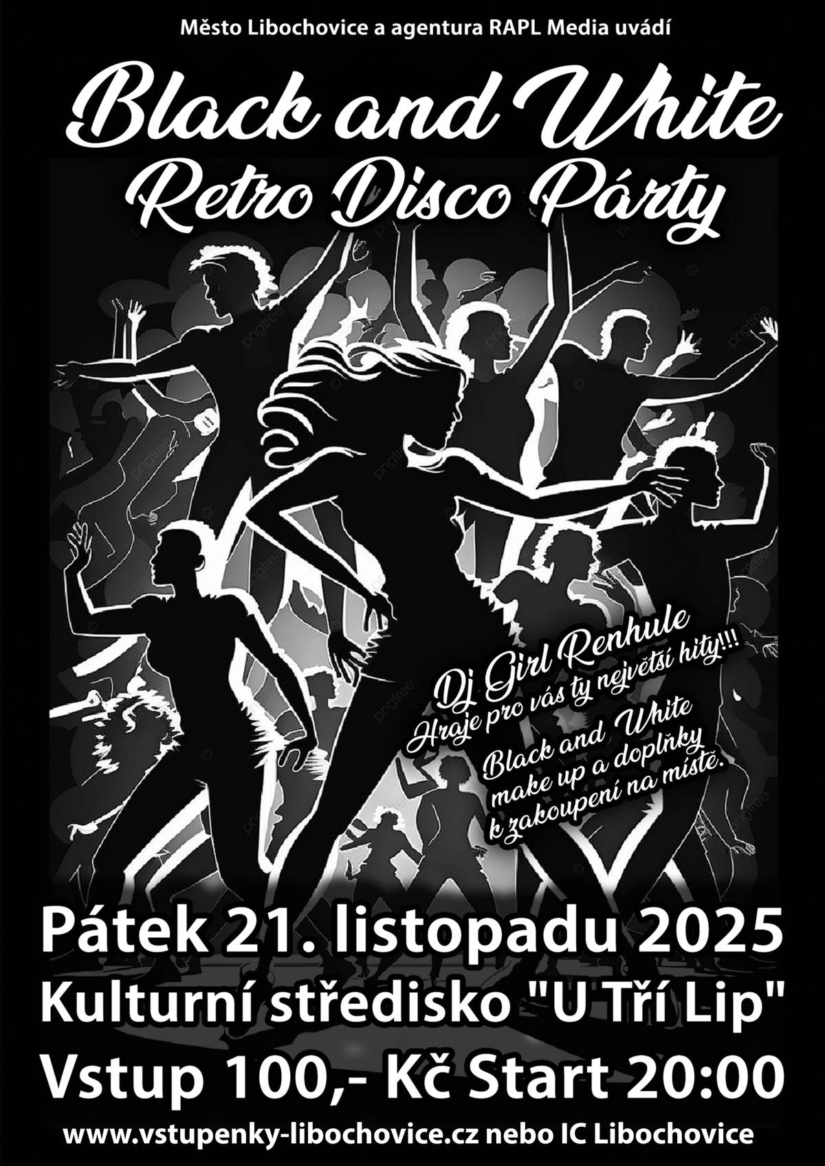 Už se to blíží! Black & White Retro Disco Párty v Libochovicích! 🤍🖤 Připravte se na večer nabitý energií, retro hity a skvělou atmosférou. DJ Girl Renhule vám rozpumpuje parket největšími hitovkami, tak dorazte v černobílém stylu a užijte si noc, na kterou budete ještě dlouho vzpomínat! Nezapomeňte – Black & White doplňky a make-up pořídíte i přímo na místě. Vstupné: 100 Kč (zakoupíte na www.vstupenky-libochovice.cz , v IC Libochovice nebo na místě) Těšíme se na vás v Kulturním středisku U Tří Lip už 21. listopadu od 20:00. 🎉🪩✨