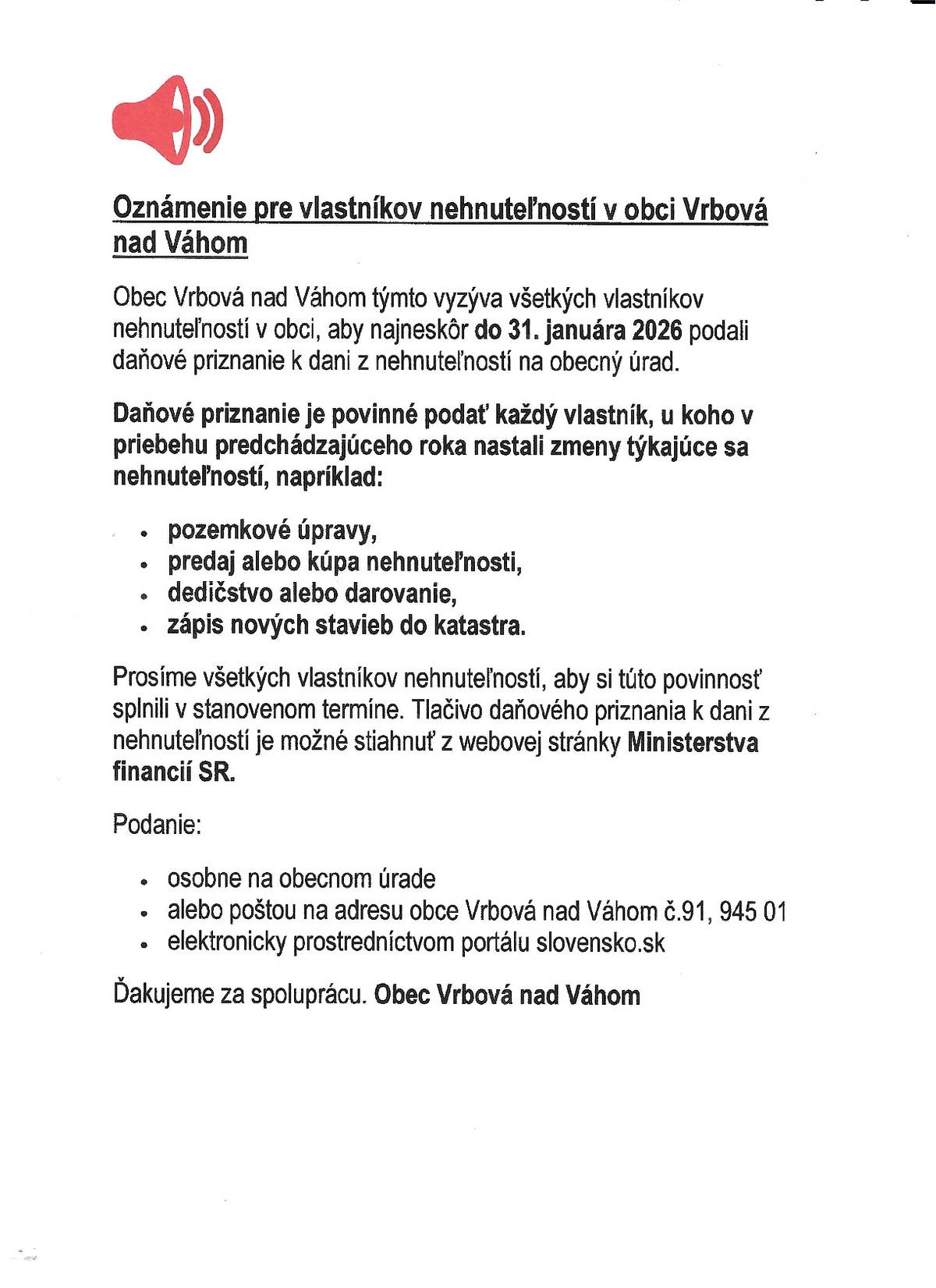 Oznámenie pre vlastníkov Felhívás az ingatlannal rendelkezo tulajdonosoknak