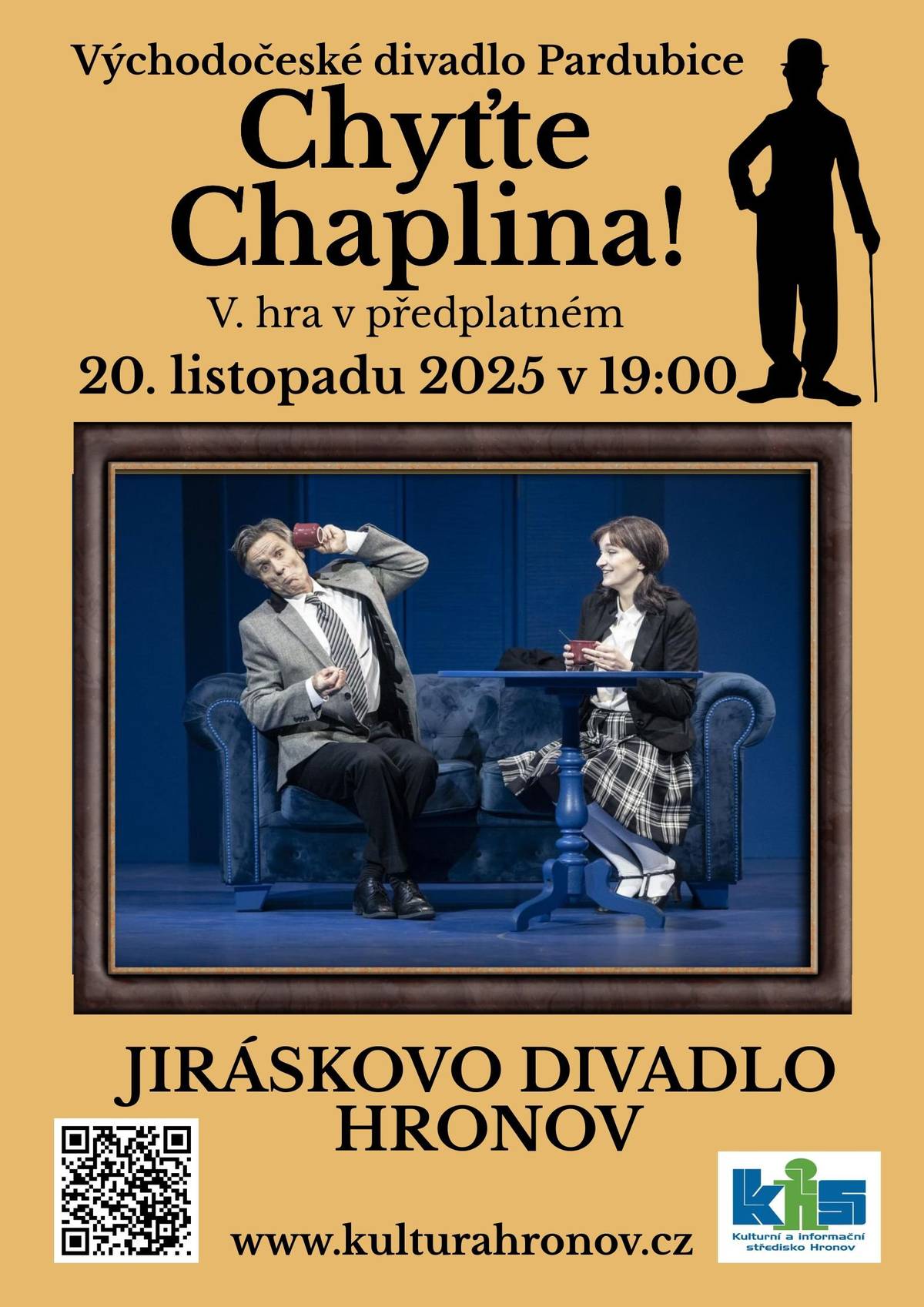 Zveme vás zítra do Jiráskova divadla na představení CHYŤTE CHAPLINA! Čtvrtek 20. 11. 2025 |  19:00 Nechte se vtáhnout do příběhu Charlieho Chaplina, ikonického komika i citlivého člověka s pozoruhodným osudem. Autorská inscenace podle textu Zdeňka Duška nabízí pohled na slavnou filmovou hvězdu tak, jak ji neznáme. Těšíme se na vás!
